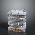 Multi Story Architectural Building Model With Antenna On Top Graffiti Lower Floor Lit Windows