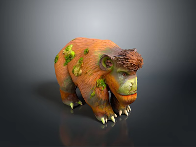 3D Artistic Bear Creature Sculpture With Orange Green Fur Moss Covered Details And Sharp Claws 3d model