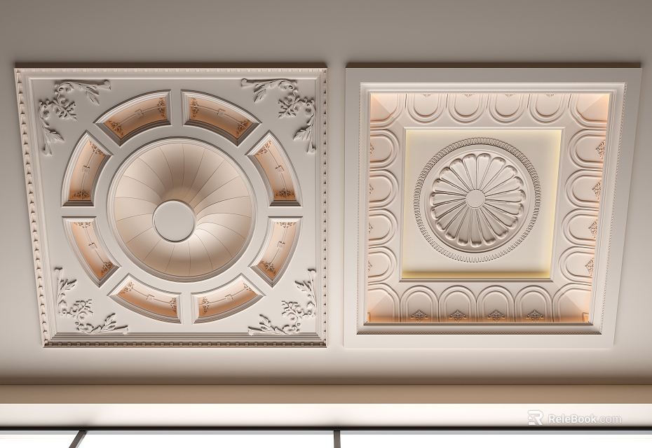 Elegant Ceiling Design With Floral Motifs Recessed Lighting Square Circular Patterns And Carved Trim 3d model 