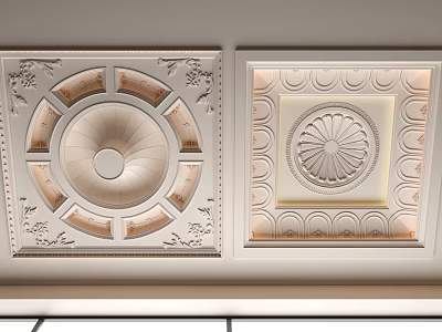 Elegant Ceiling Design With Floral Motifs Recessed Lighting Square Circular Patterns And Carved Trim 3d model