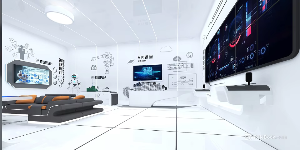 Modern Tech Exhibition Hall With Large Screens Data Visualization And White Interior Design 3d model 