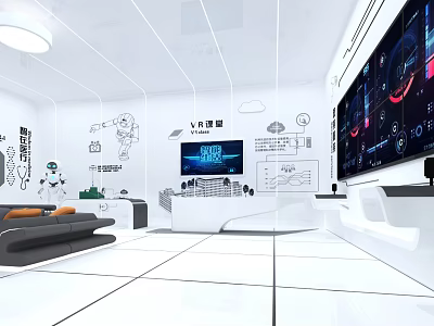 Modern Tech Exhibition Hall With Large Screens Data Visualization And White Interior Design 3d model