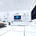 Modern Tech Exhibition Hall With Large Screens Data Visualization And White Interior Design 3d model