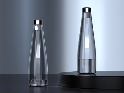 Transparent Wine Bottles With Silver Caps On Black Platform Against Gray Background 3d model