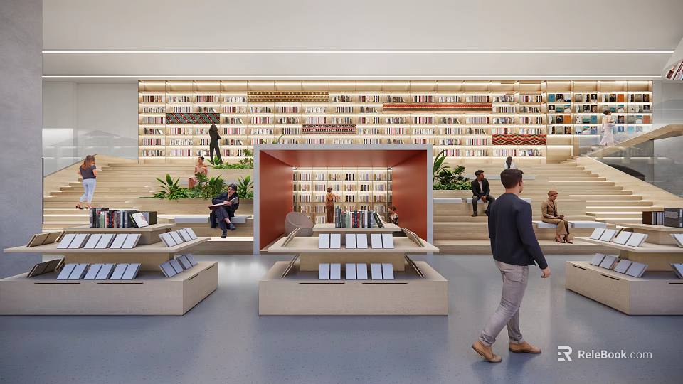 Fine Art Book Presentation In Contemporary Library With Wooden Shelves And Display Tables 3d model 