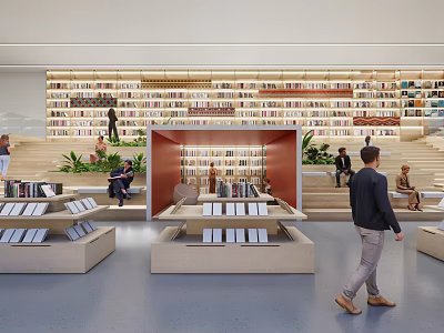 Fine Art Book Presentation In Contemporary Library With Wooden Shelves And Display Tables 3d model