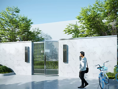 Modern Entrance Gate With White Wall Green Plants Nearby Bicycle And People 3d model