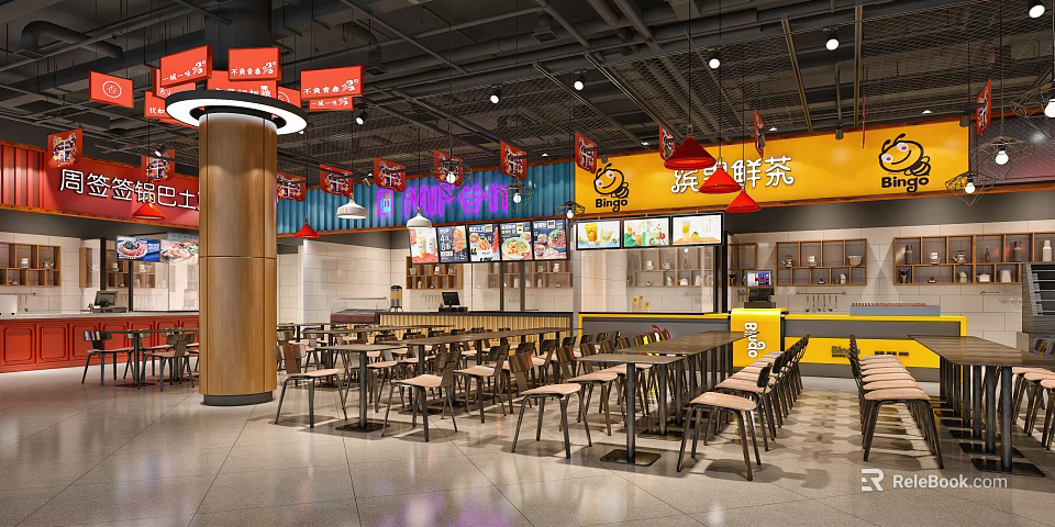Modern Restaurant Interior With Wooden Tables Chairs Counter Menu Boards And Hanging Signs 3d model 