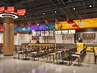 Modern Restaurant Interior With Wooden Tables Chairs Counter Menu Boards And Hanging Signs 3d model