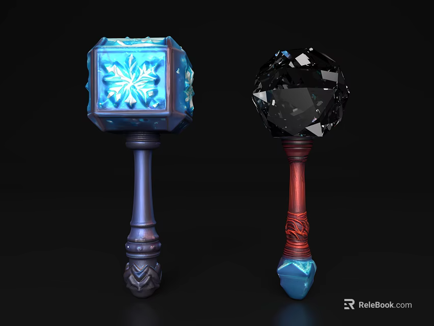 Magical Blue Snowflake Hammer And Black Crystal Orb With Red And Dark Blue Handles 3d model 