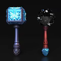 Magical Blue Snowflake Hammer And Black Crystal Orb With Red And Dark Blue Handles