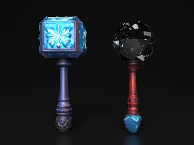 Magical Blue Snowflake Hammer And Black Crystal Orb With Red And Dark Blue Handles 3d model