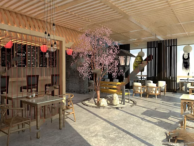 Traditional Asian Restaurant Interior With Wooden Ceiling Hanging Lanterns Cherry Blossom Tree And Dining Tables 3d model