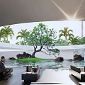 Modern Outdoor Landscape With Water Pool Palm Trees Rock Grass And Relaxation Area