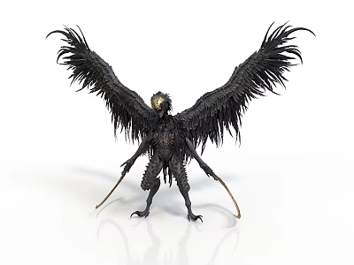 Dark Fantasy Black Creature With Feathered Wings Golden Head And Clawed Limbs 3d model