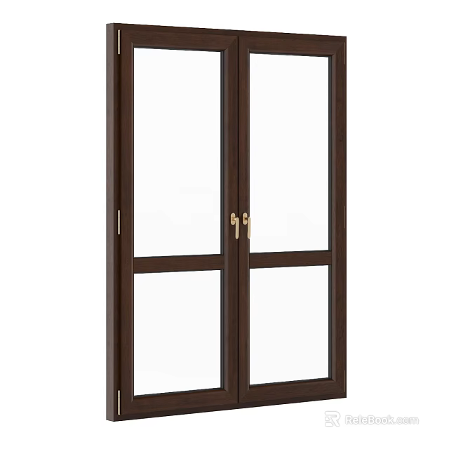 Dark Brown Wooden Casement Window with Double Clear Glass Panes and Golden Handles 3d model 