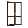 Dark Brown Wooden Casement Window with Double Clear Glass Panes and Golden Handles