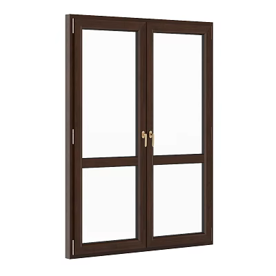 Dark Brown Wooden Casement Window with Double Clear Glass Panes and Golden Handles 3d model