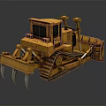 Yellow Bulldozer 3D Model with Tracks Blade and Front Claws on Dark Background