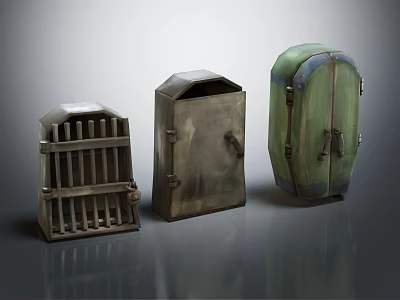 Three Vintage Metal Trunks With Grill Design And Green Blue Accents 3d model