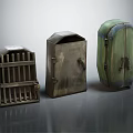 Three Vintage Metal Trunks With Grill Design And Green Blue Accents