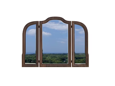 Tri Fold Wooden Frame Mirror Reflecting Scenic Blue Sky White Clouds Green Trees 3d model