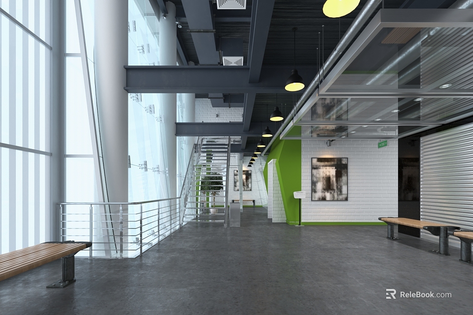 Modern Office Corridor With Glass Railings Wooden Benches Green Wall Industrial Ceiling And Large Windows 3d model 