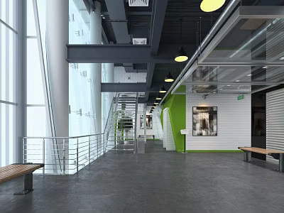 Modern Office Corridor With Glass Railings Wooden Benches Green Wall Industrial Ceiling And Large Windows 3d model