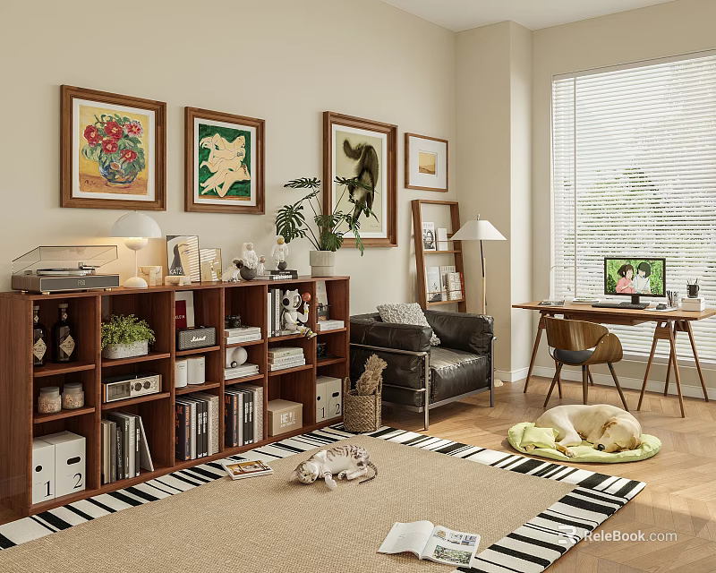 Cozy Study Room Interior With Wooden Bookshelf Framed Artworks Potted Plants And Leather Armchair 3d model 