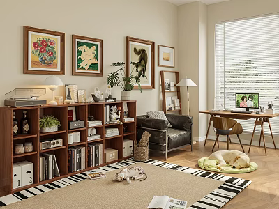 Cozy Study Room Interior With Wooden Bookshelf Framed Artworks Potted Plants And Leather Armchair 3d model