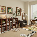 Cozy Study Room Interior With Wooden Bookshelf Framed Artworks Potted Plants And Leather Armchair