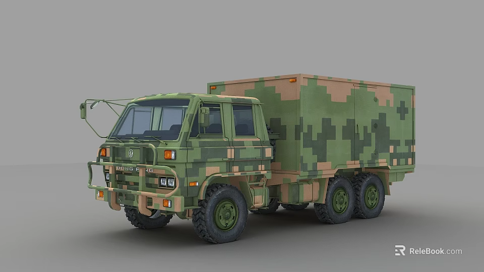 Military Utility Vehicle With Camouflage Pattern Six Wheel Design And Cargo Container 3d model 