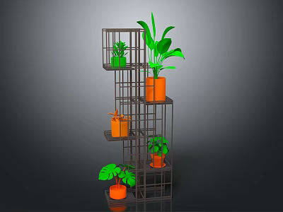 Indoor Plants Displayed on Multi Tier Metal Shelf With Orange Pots and Lush Green Leaves 3d model