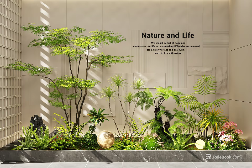 Indoor Landscape With Nature and Life Theme Featuring Various Green Plants and Stone Decorations 3d model 