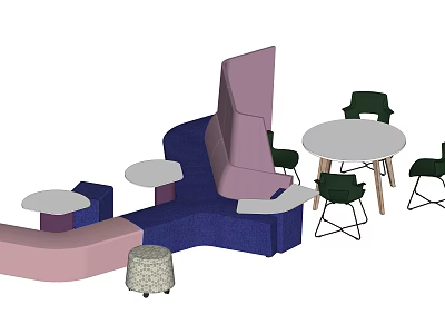 Abstract Shape Sofa with Multicolored Upholstery Round Side Tables and Green Chairs 3d model