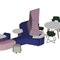 Abstract Shape Sofa with Multicolored Upholstery Round Side Tables and Green Chairs 3d model