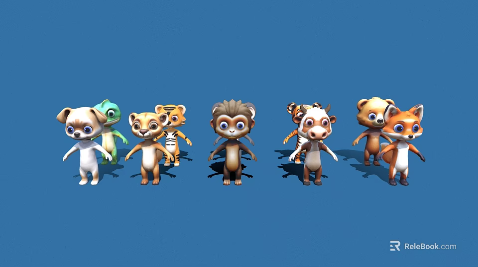 Adorable Cartoon Animal Characters With Various Stylish Designs On Blue Background 3d model 