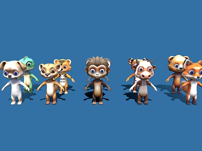 Adorable Cartoon Animal Characters With Various Stylish Designs On Blue Background 3d model