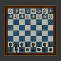 Classic Blue And White Checkered Chessboard With Black White Chess Pieces On Wooden Frame