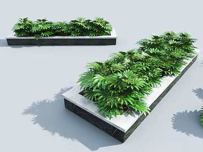 Rectangular Stone Roadside Planters With Lush Green Plants For Urban Landscaping 3d model