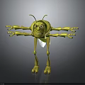Yellow Insect Cartoon 3D Model Character With Multiple Arms Legs And Frowning Expression
