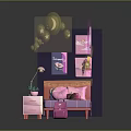 Kids Bedroom Design With Pink Bed Stars Moon Goodnight Neon Lights And Wall Frames