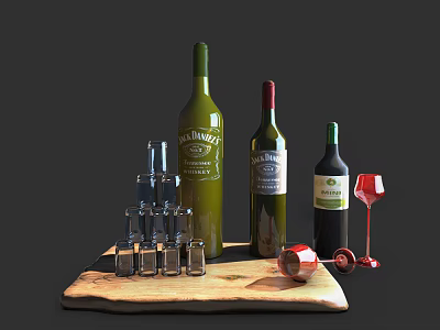 Elegant Wine Bottles And Glasses Arranged On Wooden Serving Board 3d model