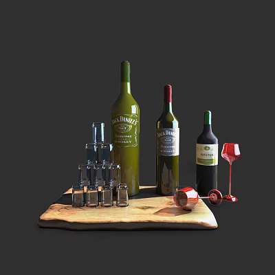 Elegant Wine Bottles And Glasses Arranged On Wooden Serving Board 3d model