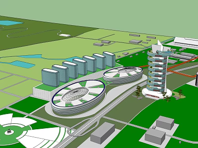 Modern Office Building With Circular Structures Tower Design And Green Space Water Features 3d model