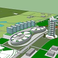 Modern Office Building With Circular Structures Tower Design And Green Space Water Features