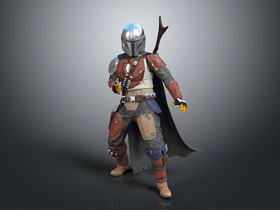 Game And Movie Character Wearing Mandalorian Style Armor With Helmet Red Brown Cloak And Weapon 3d model