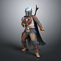 Game And Movie Character Wearing Mandalorian Style Armor With Helmet Red Brown Cloak And Weapon