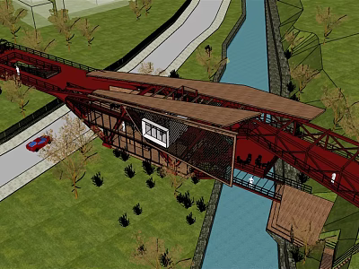 Red Bridge Architectural Design With Road River Grassland Trees And Red Car 3d model