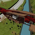 Red Bridge Architectural Design With Road River Grassland Trees And Red Car